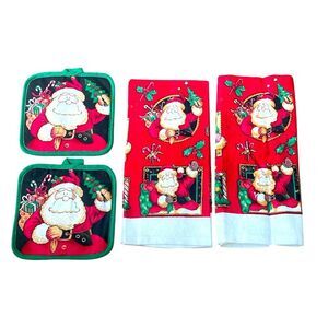 Merry Christmas Santa kitchen set towels & mitts 100% cotton Vintage New